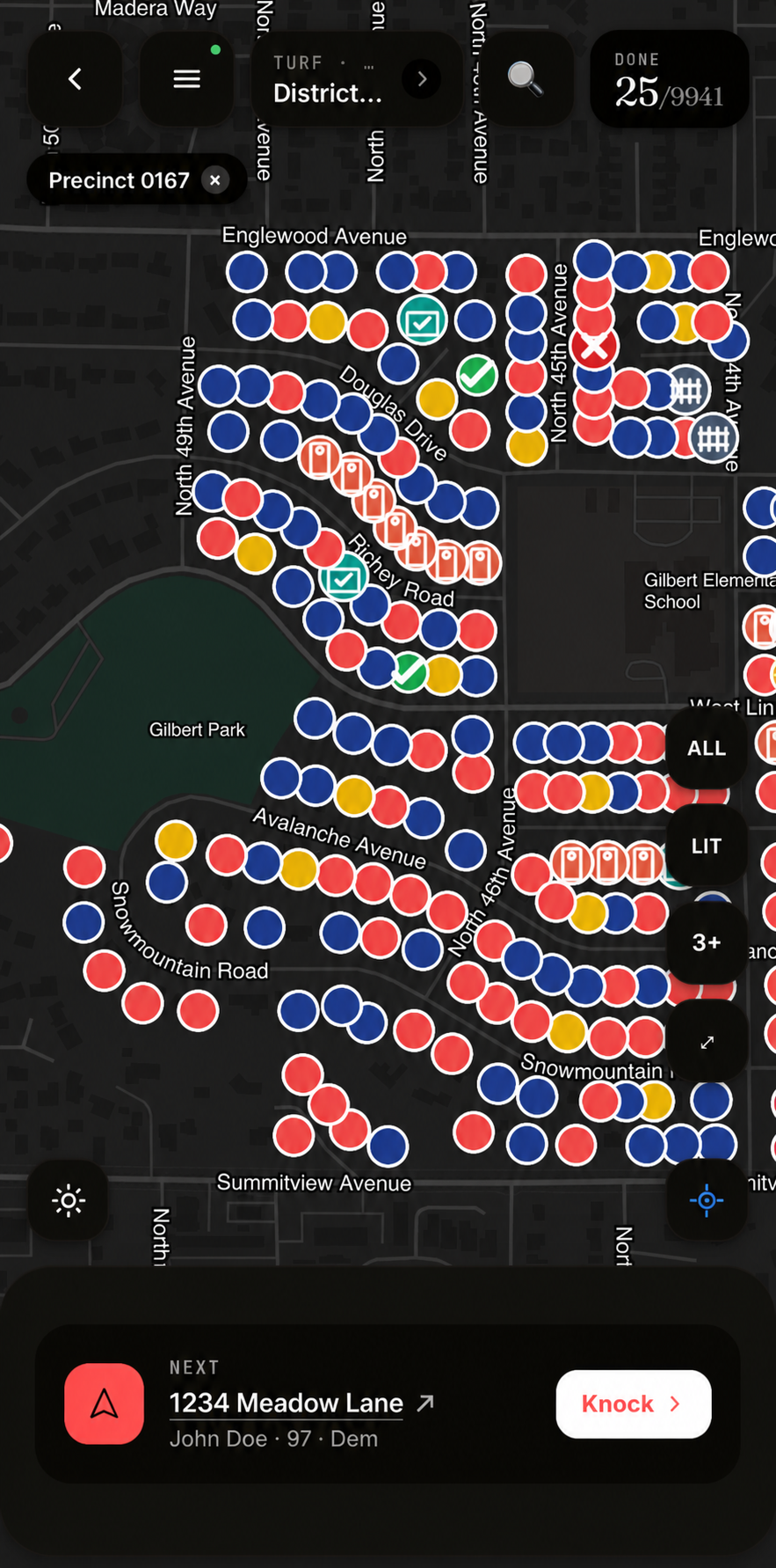 Sovereign Field volunteer app — turf map with party-colored voter pins and Knock CTA